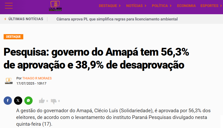 Rádio Local Web cita pesquisa realizada pela Paraná Pesquisas no Estado do Amapá. 1 Rádio Local Web cita pesquisa realizada pela Paraná Pesquisas no Estado do Amapá.