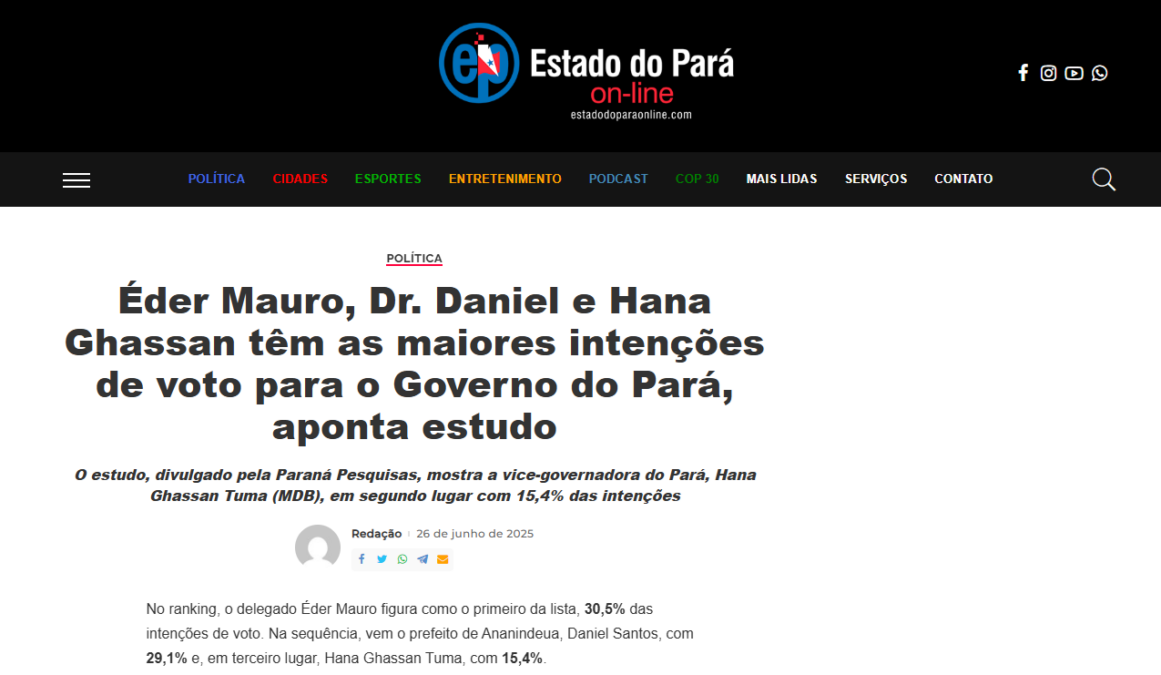 Estado do Pará cita pesquisa realizada pela Paraná Pesquisas no Estado do Pará.