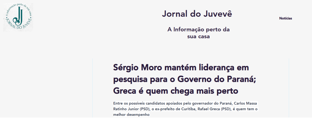 Jornal Juvevê cita pesquisa realizada pela Paraná Pesquisas no Estado do Paraná.