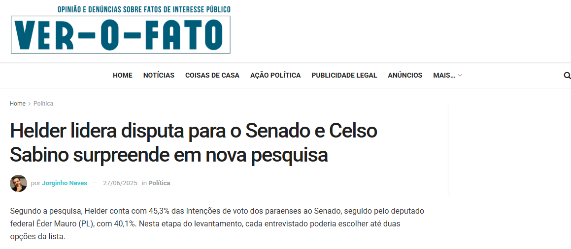 Ver o Fato cita pesquisa realizada pela Paraná Pesquisas no Estado do Pará. 2 Ver o Fato cita pesquisa realizada pela Paraná Pesquisas no Estado do Pará.