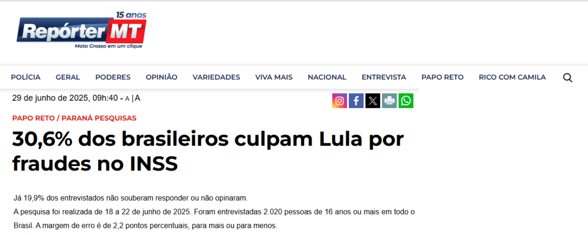 Repórter MT cita pesquisa realizada pela Paraná Pesquisas.