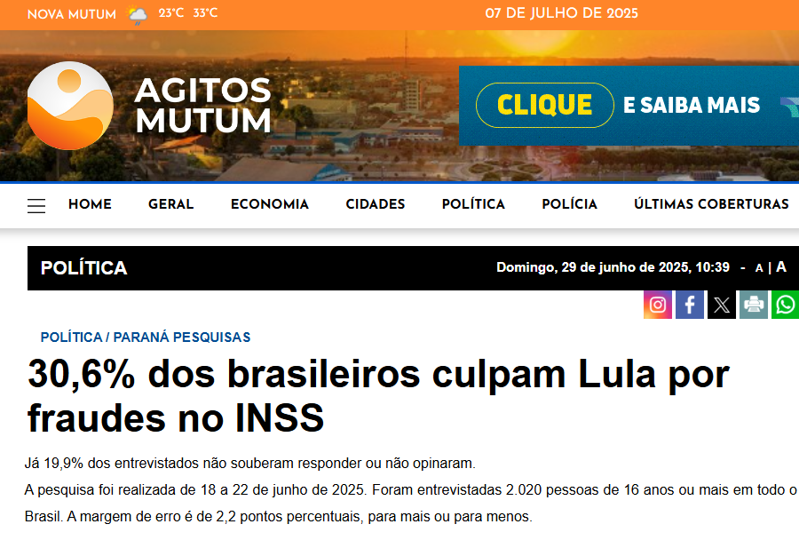 Agitos Mutum cita pesquisa realizada pela Paraná Pesquisas. 2 Agitos Mutum cita pesquisa realizada pela Paraná Pesquisas.