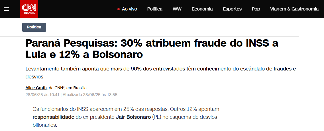 CNN Brasil cita pesquisa realizada pela Paraná Pesquisas. 2 CNN Brasil cita pesquisa realizada pela Paraná Pesquisas.
