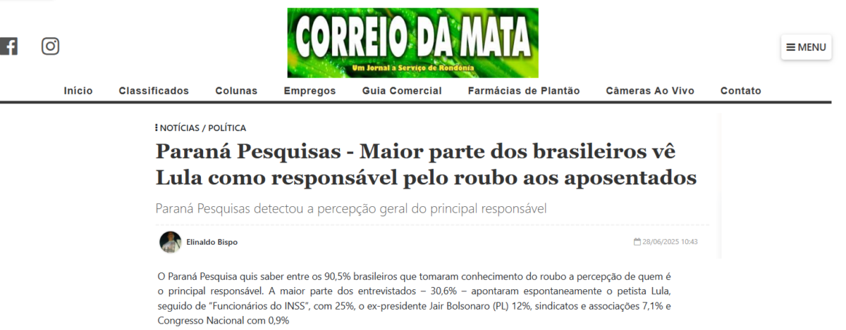 Correio da Mata cita pesquisa realizada pela Paraná Pesquisas.