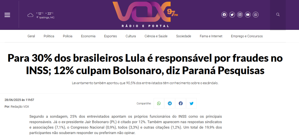 Vox 97 FM cita pesquisa realizada pela Paraná Pesquisas. 2 Vox 97 FM cita pesquisa realizada pela Paraná Pesquisas.