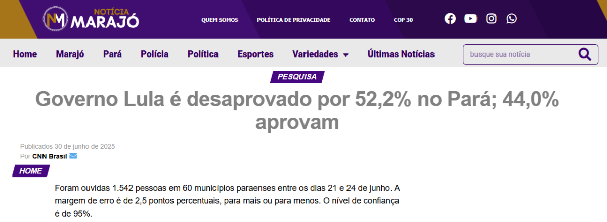 Notícia Marajó cita pesquisa realizada pela Paraná Pesquisas no Estado do Pará.