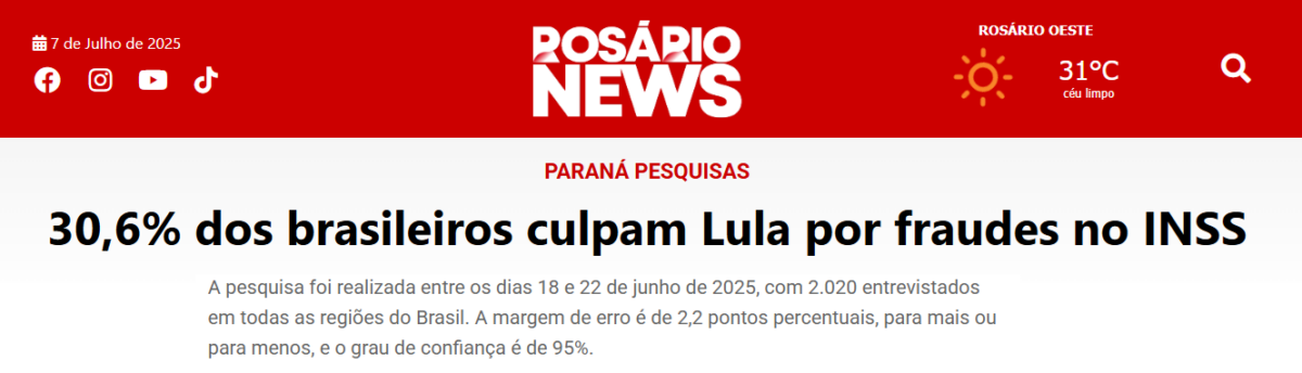 Rosário News cita pesquisa realizada pela Paraná Pesquisas. 2 Rosário News cita pesquisa realizada pela Paraná Pesquisas.