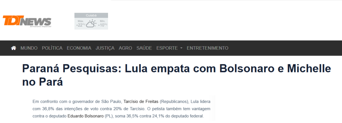 TDT News cita pesquisa realizada pela Paraná Pesquisas no Estado do Pará. 2 TDT News cita pesquisa realizada pela Paraná Pesquisas no Estado do Pará.
