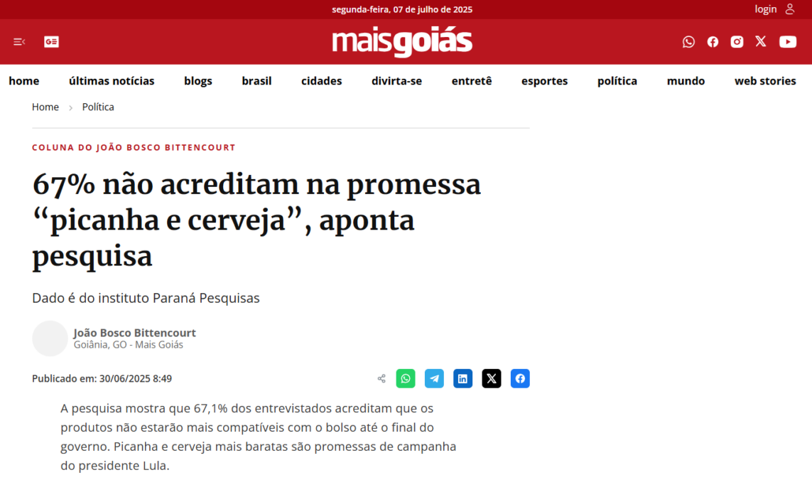 Mais Goiás cita pesquisa realizada pela Paraná Pesquisas. 2 Mais Goiás cita pesquisa realizada pela Paraná Pesquisas.