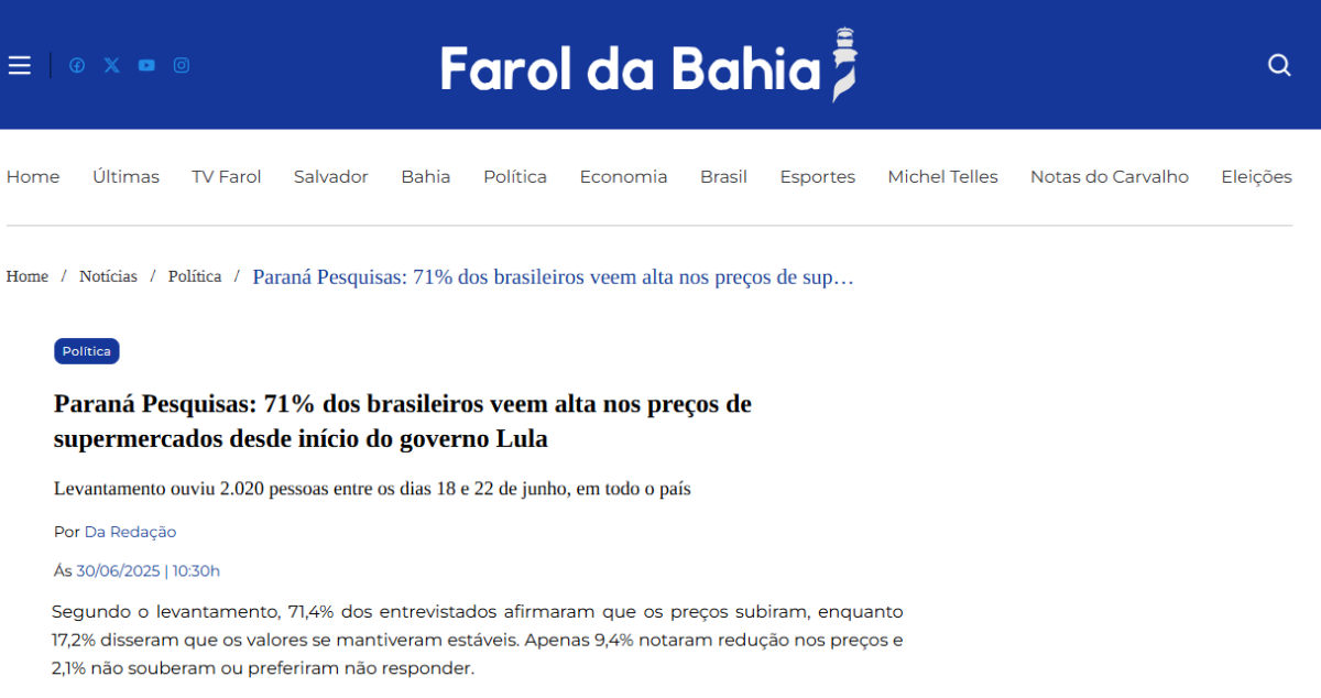 Farol da Bahia cita pesquisa realizada pela Paraná Pesquisas. 2 Farol da Bahia cita pesquisa realizada pela Paraná Pesquisas.