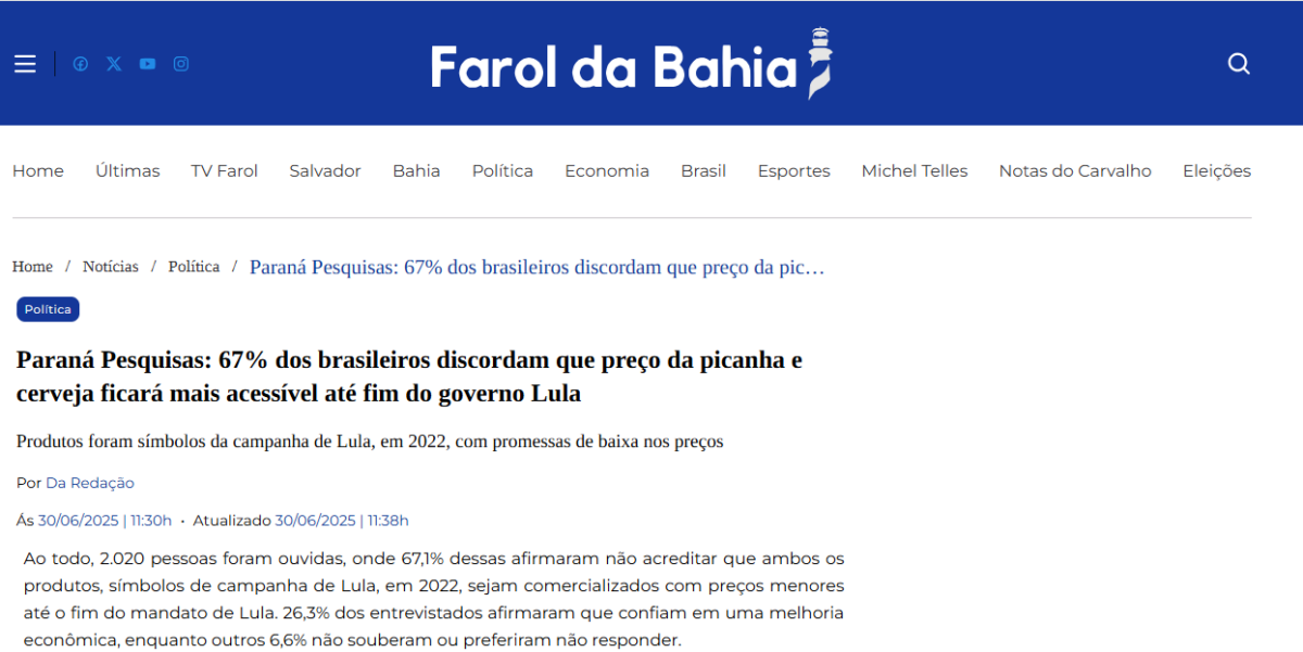 Farol da Bahia cita pesquisa realizada pela Paraná Pesquisas.
