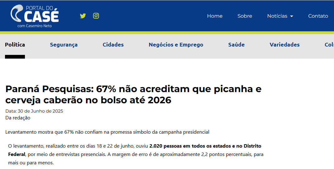 Portal do Casé cita pesquisa realizada pela Paraná Pesquisas.