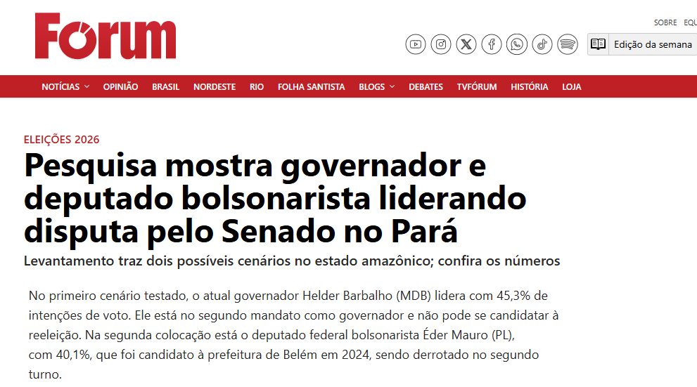 Revista Forum cita pesquisa realizada pela Paraná Pesquisas no Estado do Pará.