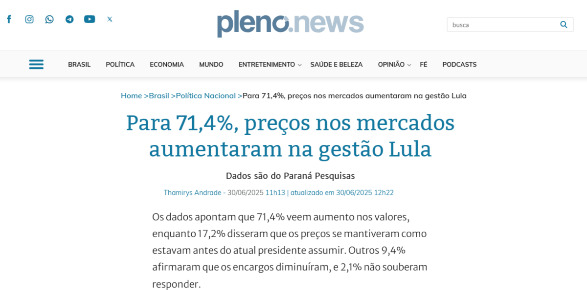 Pleno News cita pesquisa realizada pela Paraná Pesquisas. 2 Pleno News cita pesquisa realizada pela Paraná Pesquisas.