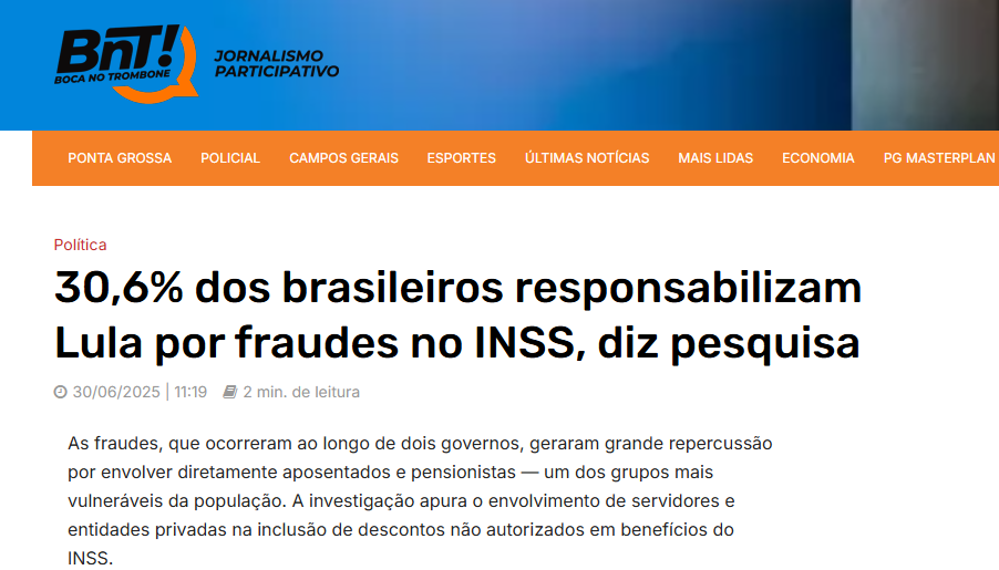 BNT Online cita pesquisa realizada pela Paraná Pesquisas.