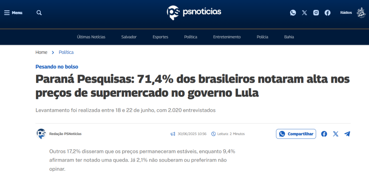 PS Notícias cita pesquisa realizada pela Paraná Pesquisas.