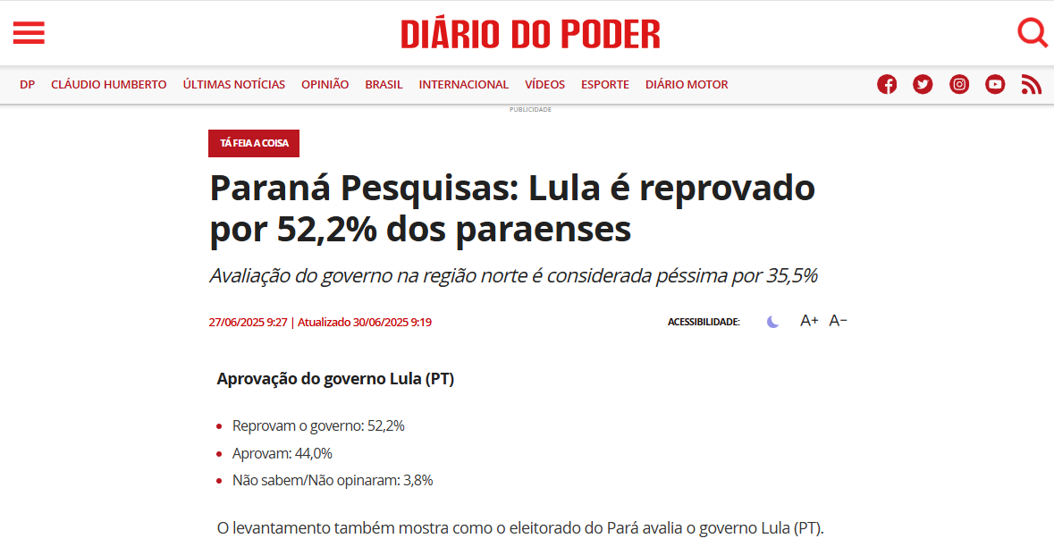 Diário do Poder cita pesquisa realizada pela Paraná Pesquisas no Estado do Pará. 2 Diário do Poder cita pesquisa realizada pela Paraná Pesquisas no Estado do Pará.
