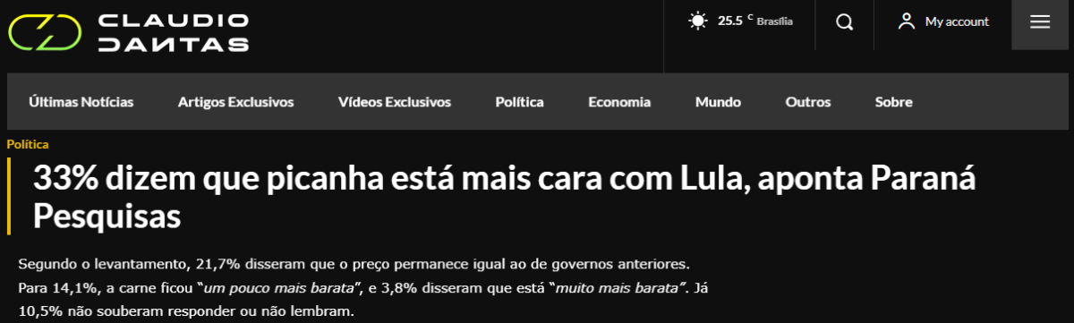 Blog Claudio Dantas cita pesquisa realizada pela Paraná Pesquisas.