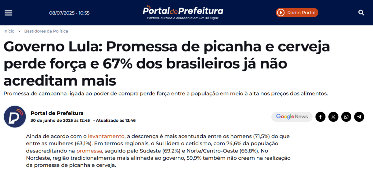 Portal de Prefeitura cita pesquisa realizada pela Paraná Pesquisas.