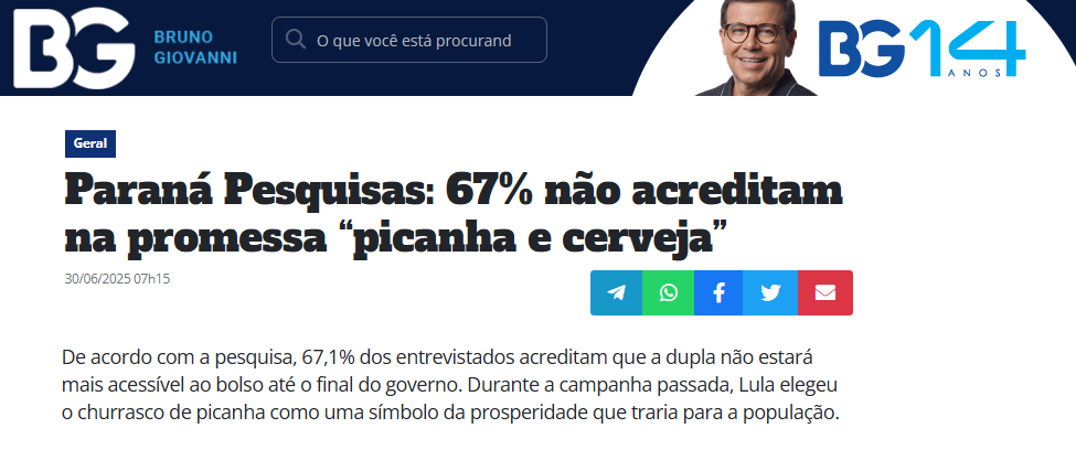 Blog Bruno Giovanni cita pesquisa realizada pela Paraná Pesquisas.