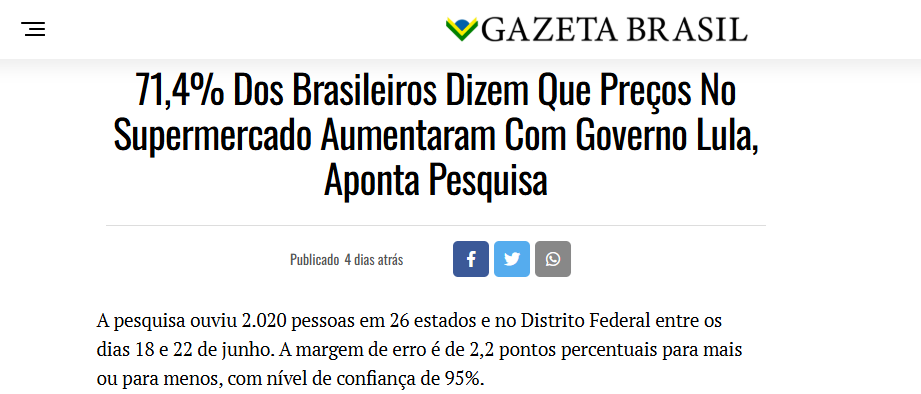 Gazeta Brasil cita pesquisa realizada pela Paraná Pesquisas.