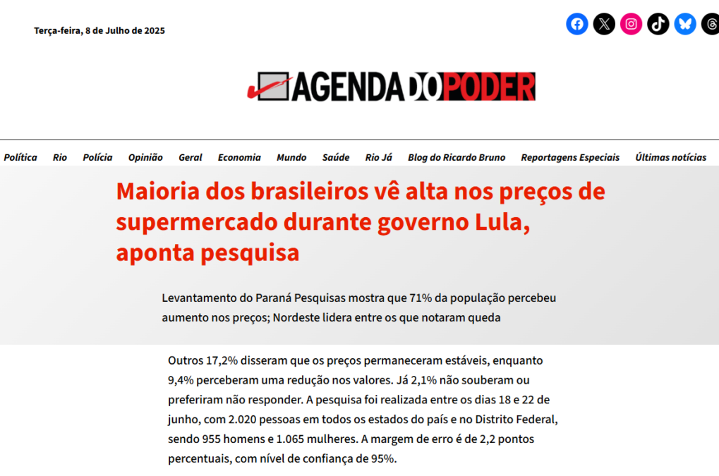 Agenda do Poder cita pesquisa realizada pela Paraná Pesquisas.