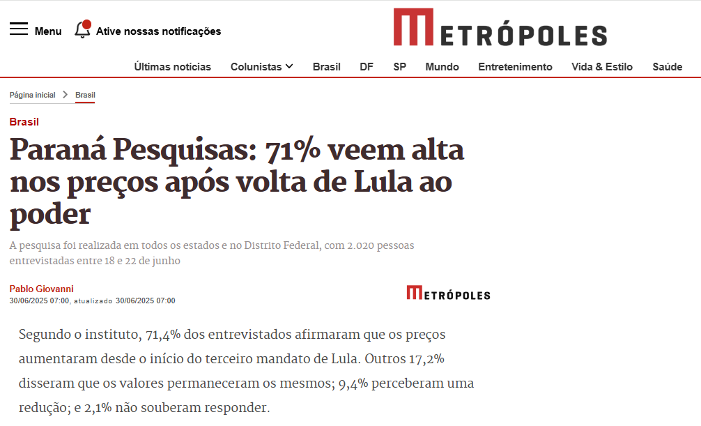 Metrópoles cita pesquisa realizada pela Paraná Pesquisas.