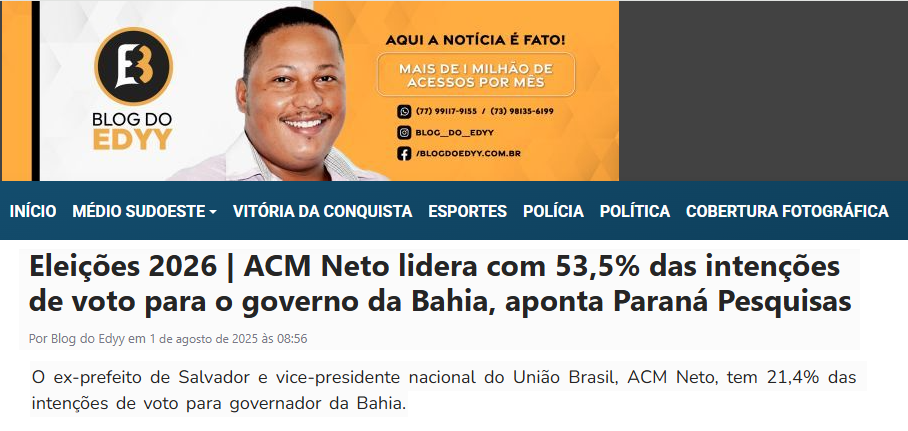 Blog do Edyy cita pesquisa realizada pela Paraná Pesquisas no Estado da Bahia.