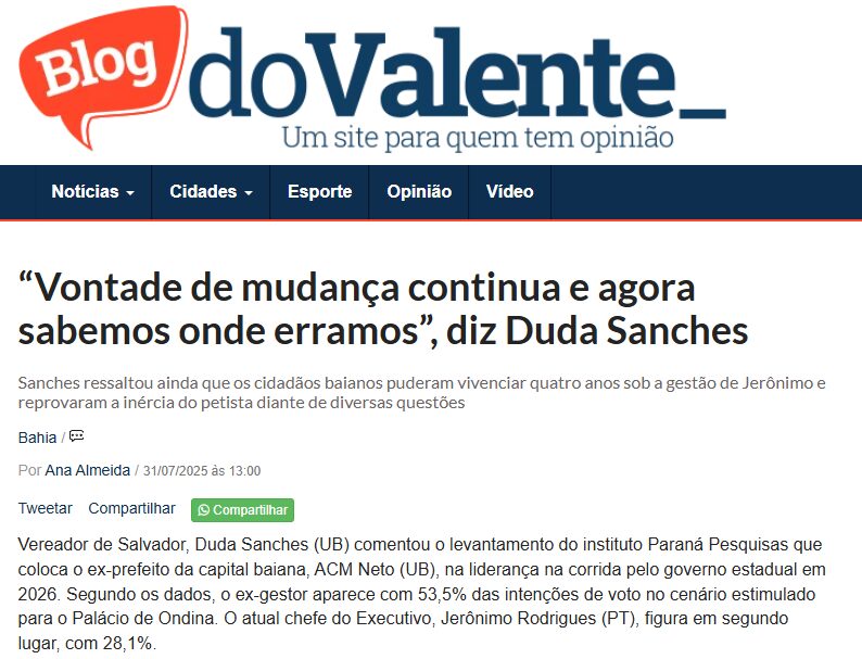 Blog do Valente cita pesquisa realizada pela Paraná Pesquisas no Estado da Bahia. 2 Blog do Valente cita pesquisa realizada pela Paraná Pesquisas no Estado da Bahia.