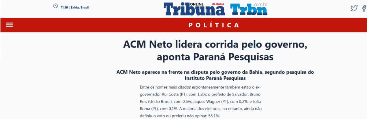 Tribuna da Bahia cita pesquisa realizada pela Paraná Pesquisas no Estado da Bahia.