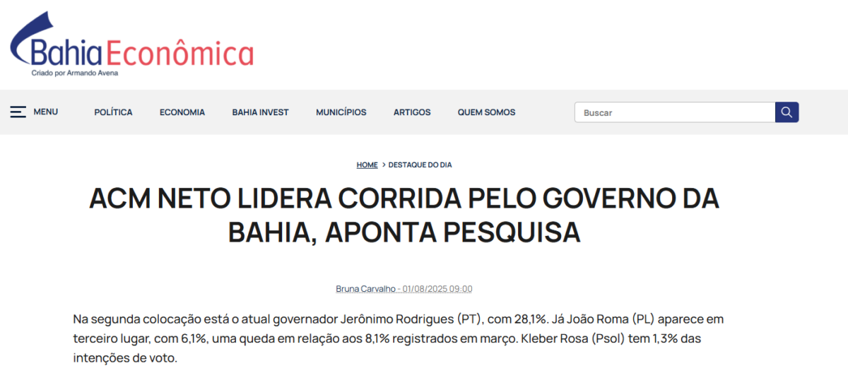 Bahia Econômica cita pesquisa realizada pela Paraná Pesquisas no Estado da Bahia. 2 Bahia Econômica cita pesquisa realizada pela Paraná Pesquisas no Estado da Bahia.