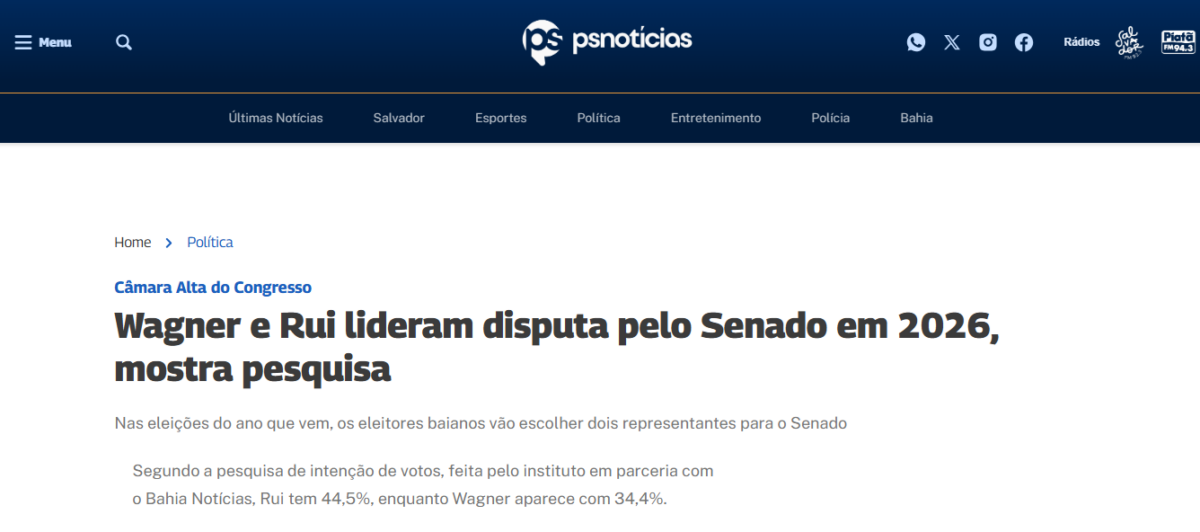 PS Notícias cita pesquisa realizada pela Paraná Pesquisas no Estado da Bahia. 2 PS Notícias cita pesquisa realizada pela Paraná Pesquisas no Estado da Bahia.