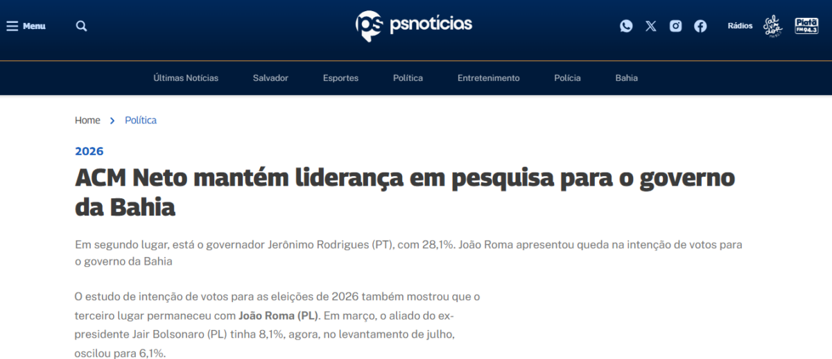 PS Notícias cita pesquisa realizada pela Paraná Pesquisas no Estado da Bahia. 2 PS Notícias cita pesquisa realizada pela Paraná Pesquisas no Estado da Bahia.