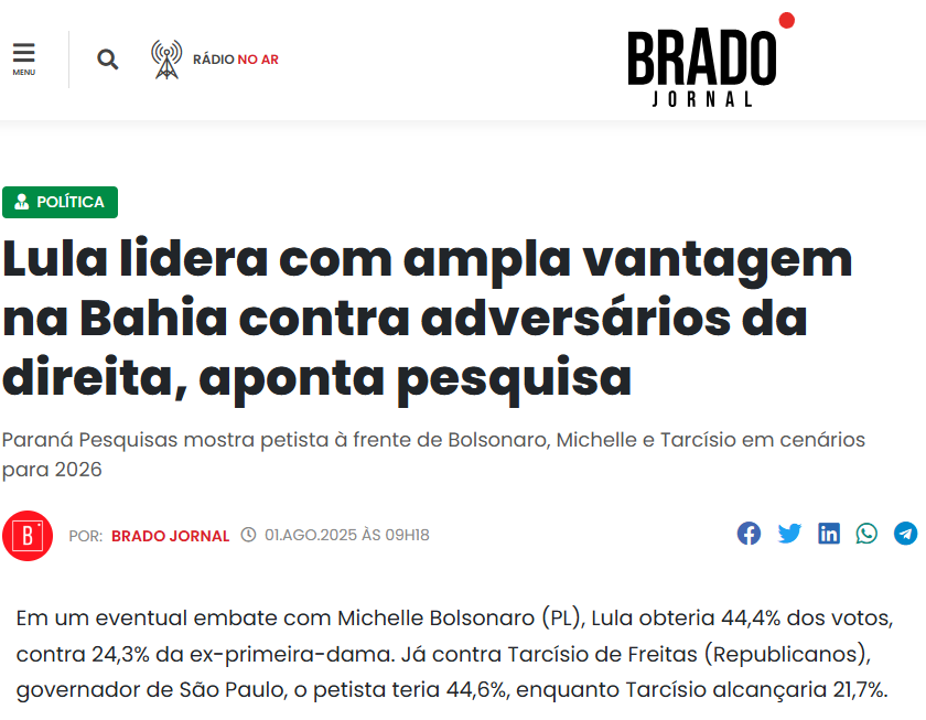 Brado Jornal cita pesquisa realizada pela Paraná Pesquisas no Estado da Bahia. 2 Brado Jornal cita pesquisa realizada pela Paraná Pesquisas no Estado da Bahia.