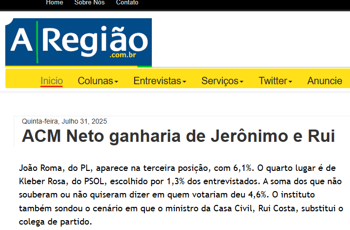 A Região cita pesquisa realizada pela Paraná Pesquisas no Estado da Bahia.