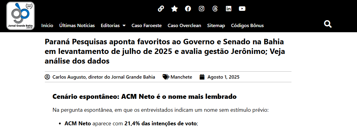 Jornal Grande Bahia cita pesquisa realizada pela Paraná Pesquisas no Estado da Bahia.