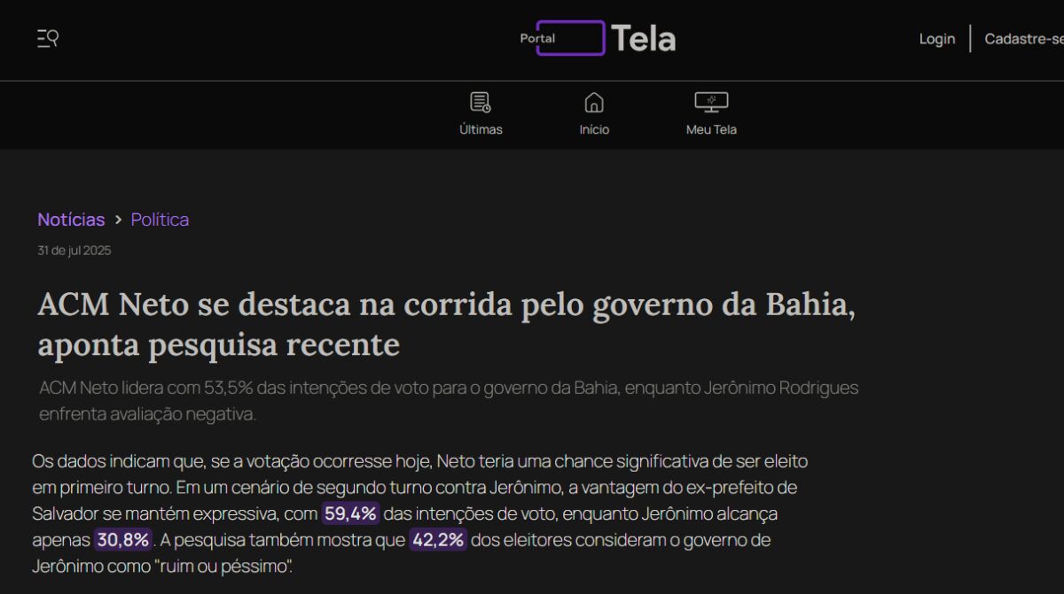 Portal Tela cita pesquisa realizada pela Paraná Pesquisas no Estado da Bahia. 2 Portal Tela cita pesquisa realizada pela Paraná Pesquisas no Estado da Bahia.