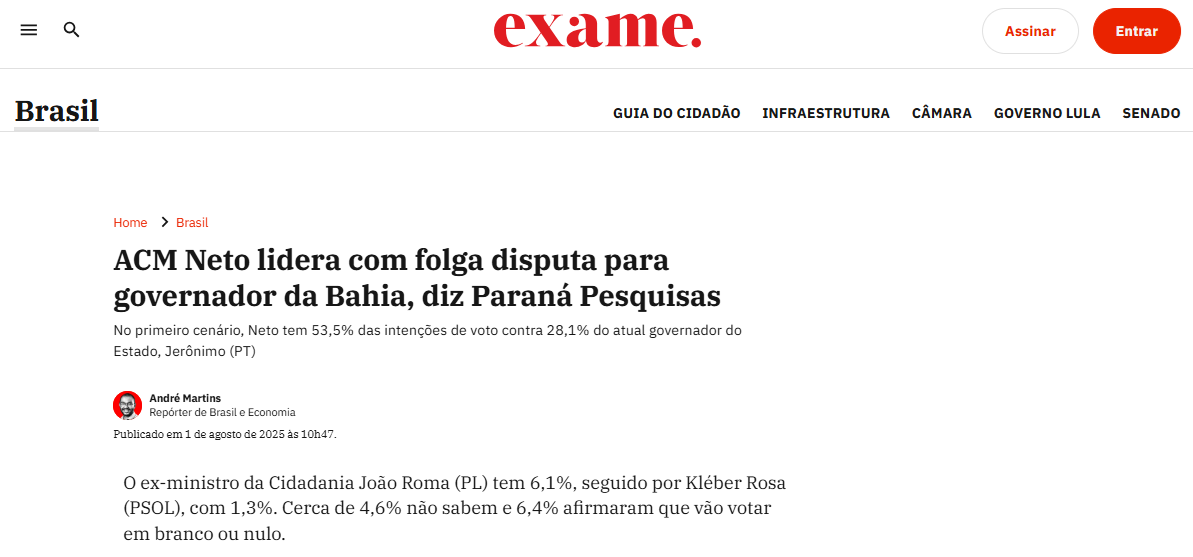 Exame cita pesquisa realizada pela Paraná Pesquisas no Estado da Bahia. 2 Exame cita pesquisa realizada pela Paraná Pesquisas no Estado da Bahia.
