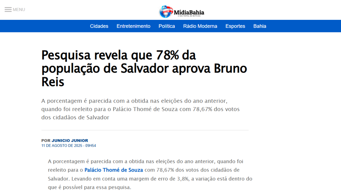 Mídia Bahia cita pesquisa realizada pela Paraná Pesquisas no Município de Salvador. 2 Mídia Bahia cita pesquisa realizada pela Paraná Pesquisas no Município de Salvador.