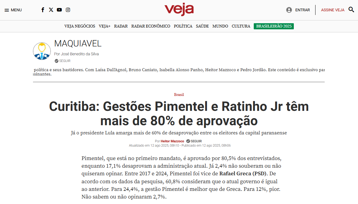 Veja cita pesquisa realizada pela Paraná Pesquisas no Município de Curitiba.