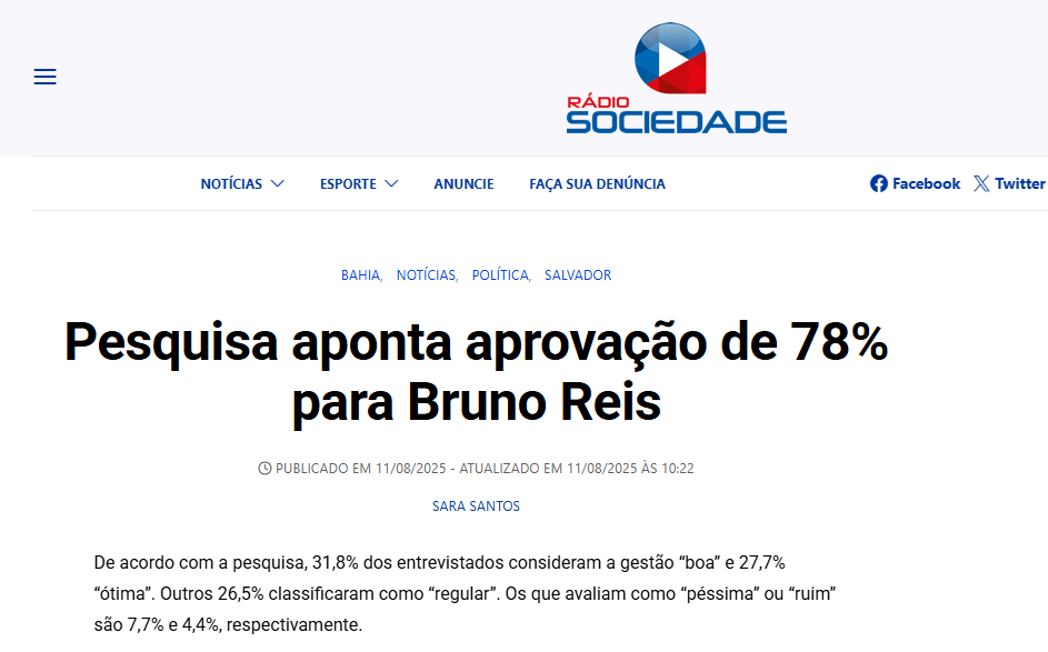 Rádio Sociedade cita pesquisa realizada pela Paraná Pesquisas no Município de Salvador. 2 Rádio Sociedade cita pesquisa realizada pela Paraná Pesquisas no Município de Salvador.