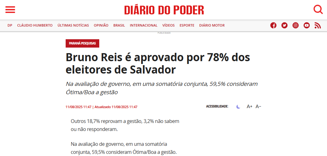 Diário do Poder cita pesquisa realizada pela Paraná Pesquisas no Município de Salvador. 2 Diário do Poder cita pesquisa realizada pela Paraná Pesquisas no Município de Salvador.