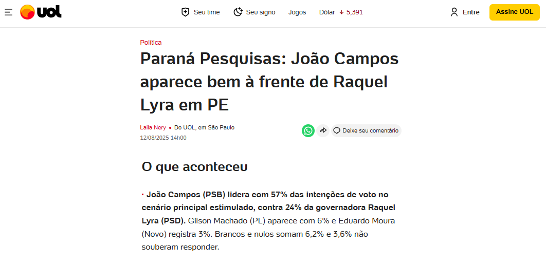 UOL Notícias cita pesquisa realizada pela Paraná Pesquisas no Estado de Pernambuco.