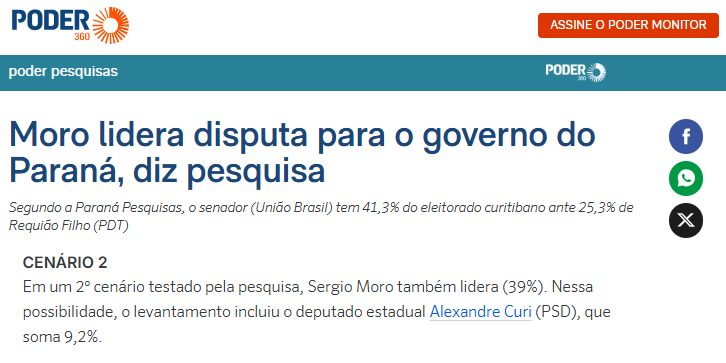 Poder 360 cita pesquisa realizada pela Paraná Pesquisas no Município de Curitiba.