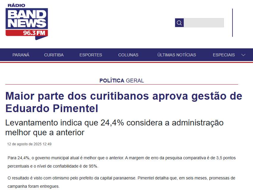 Rádio Band News cita pesquisa realizada pela Paraná Pesquisas no Município de Curitiba.