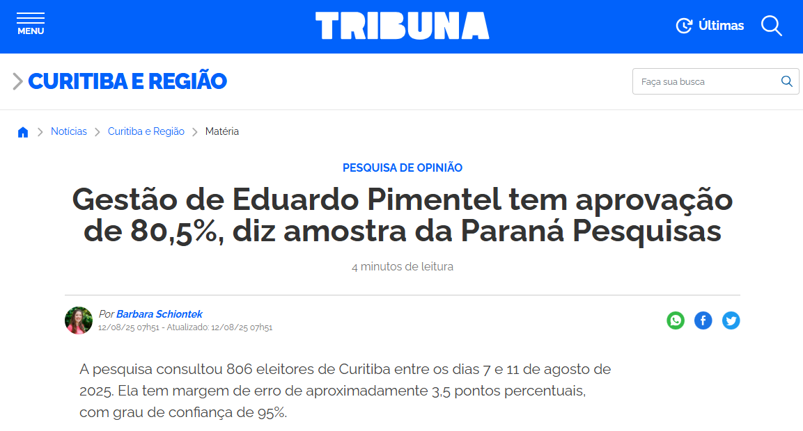 Tribuna Paraná cita pesquisa realizada pela Paraná Pesquisas no Município de Curitiba.