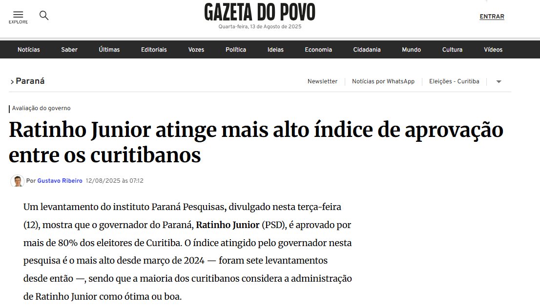 Gazeta do Povo cita pesquisa realizada pela Paraná Pesquisas no Município de Curitiba.