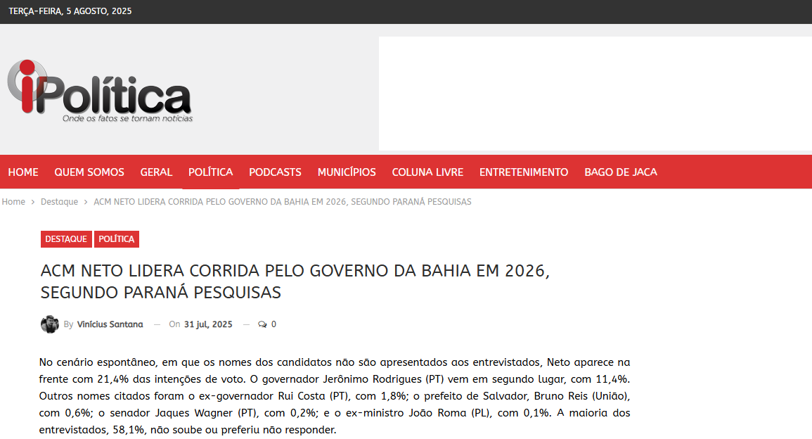 I Política cita pesquisa realizada pela Paraná Pesquisas no Estado da Bahia. 2 I Política cita pesquisa realizada pela Paraná Pesquisas no Estado da Bahia.