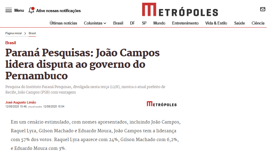 Metrópoles cita pesquisa realizada pela Paraná Pesquisas no Estado de Pernambuco.