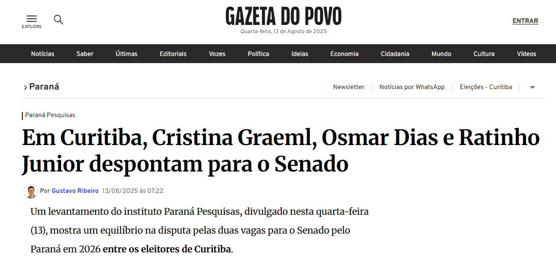 Gazeta do Povo cita pesquisa realizada pela Paraná Pesquisas no Município de Curitiba. 2 Gazeta do Povo cita pesquisa realizada pela Paraná Pesquisas no Município de Curitiba.